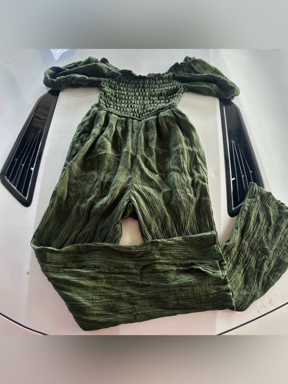 Whimsical medium gauze like Off-Shoulder Olive Green Smocked Jumpsuit